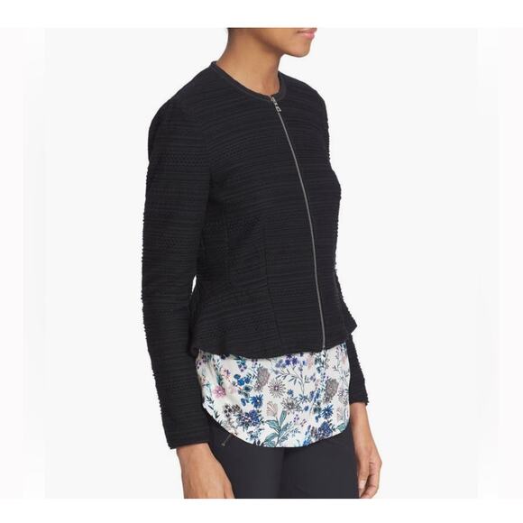 Rebecca Taylor Textured Knit Zipper Front Peplum Hem Womens Jacket 6 Black - Picture 5 of 12
